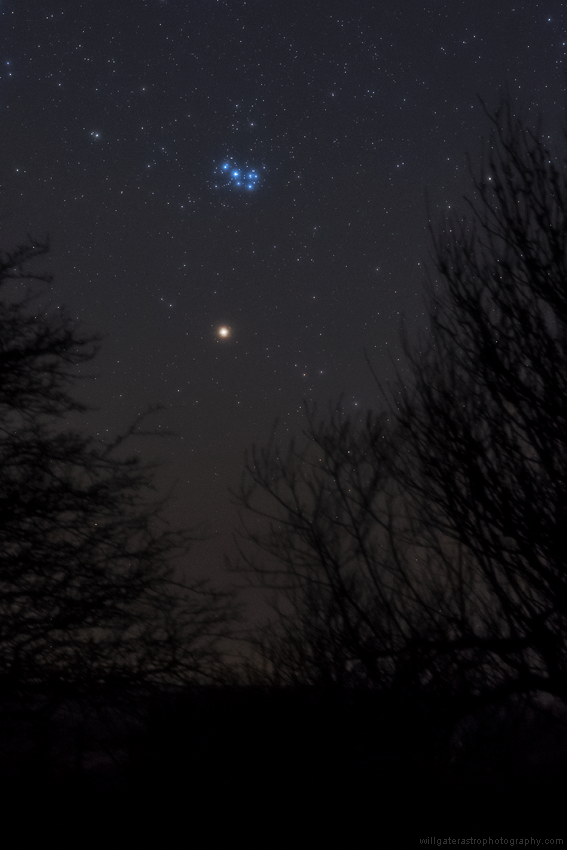 Mars and the Pleiades star cluster over Exmoor National Park, UK - 25 March 2019