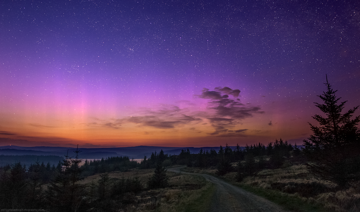 Auroral rays dancing in the glow of twilight from Kielder Forest, Northumberland - 8 May 2016