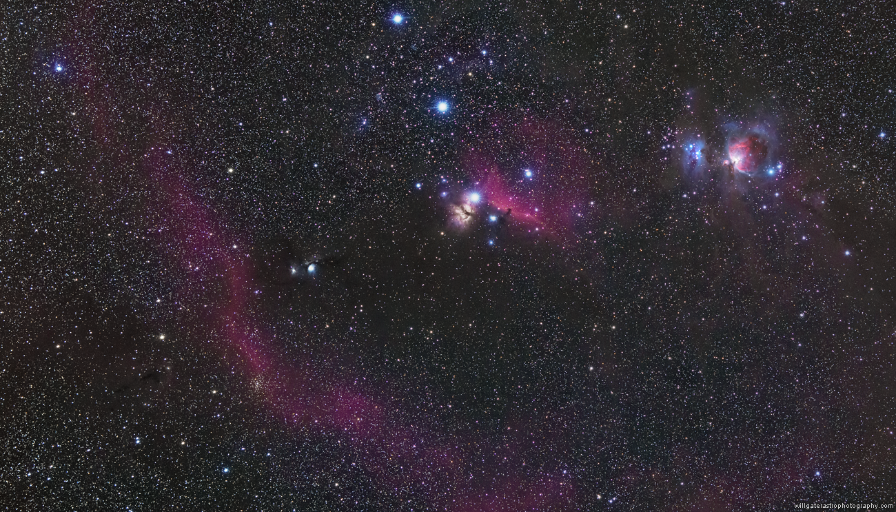 Nebulae in Orion including: M42 & NGC 1977, the Horsehead & Flame nebulae as well as NGC 2067/2071/2112 & LDN 1622. Composite of 2019 data with 2017 M42 data.