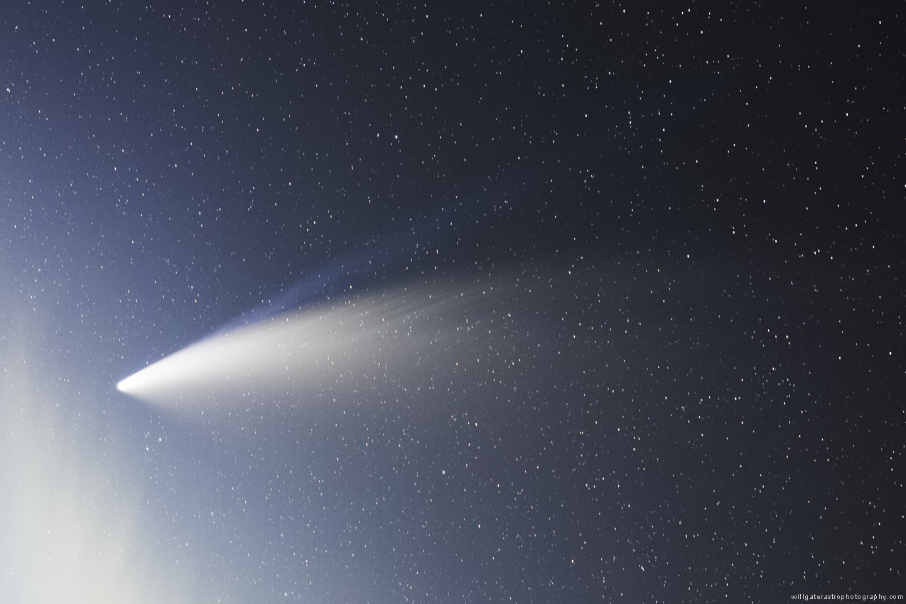 Comet C/2020 F3 (NEOWISE) over Somerset, UK - stack of 30x 25-second exposures fixed on comet's head - 15 July 2020