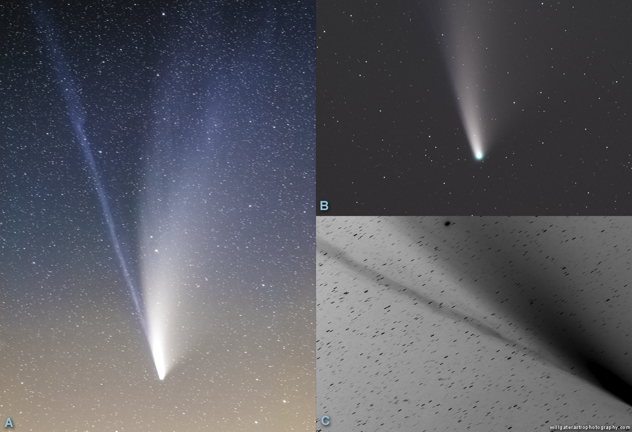 Comet C/2020 F3 (NEOWISE) - A: stacked image created from thirty 30-second exposures. B: single processed frame showing green colour of coma. C: inverted crop of main A image showing streamer detail