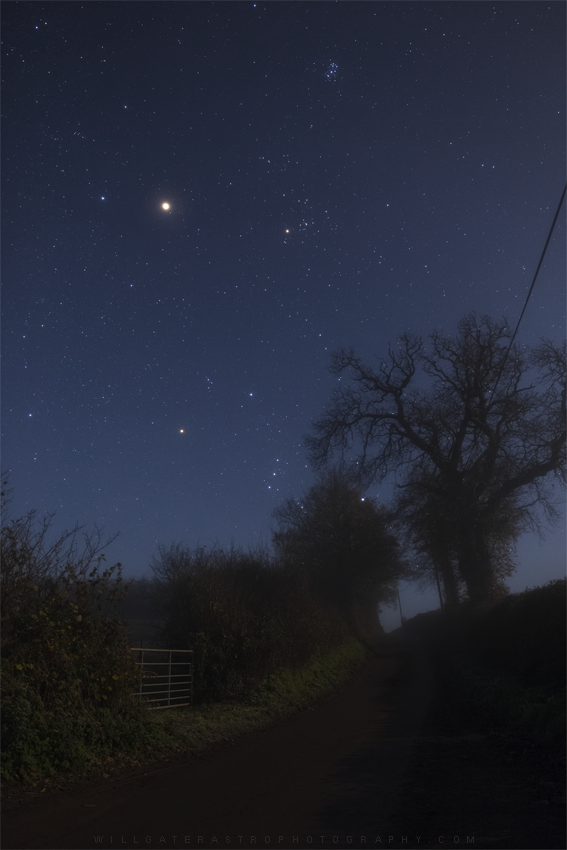 Mars in a moonlit sky over a misty Somerset lane – December 2022