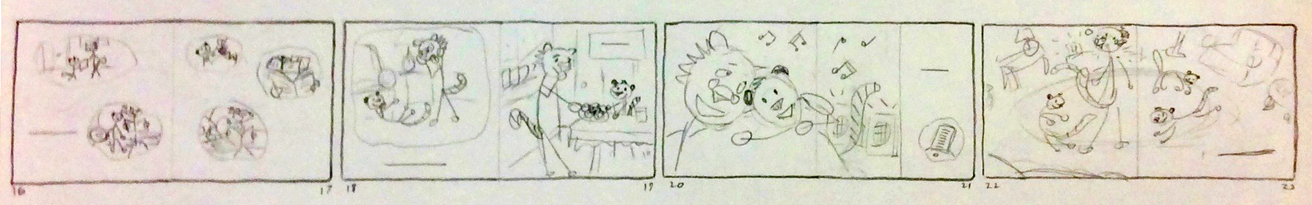 several panels at an early stage of storyboarding by Rex