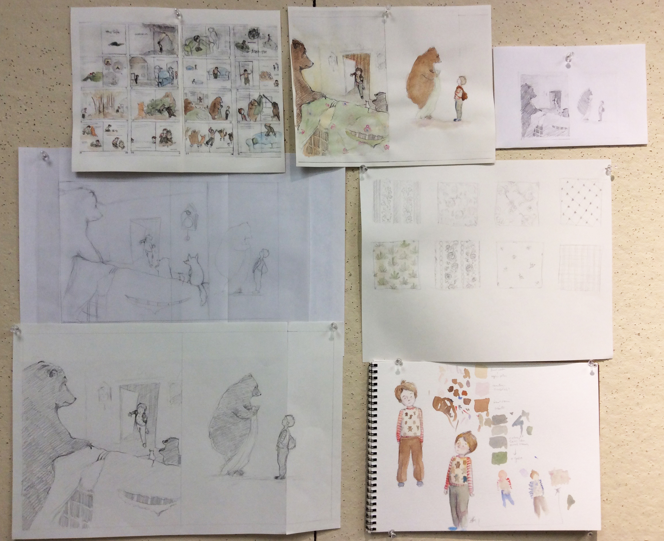 Sara's sketches for a finish, character development and color studies.