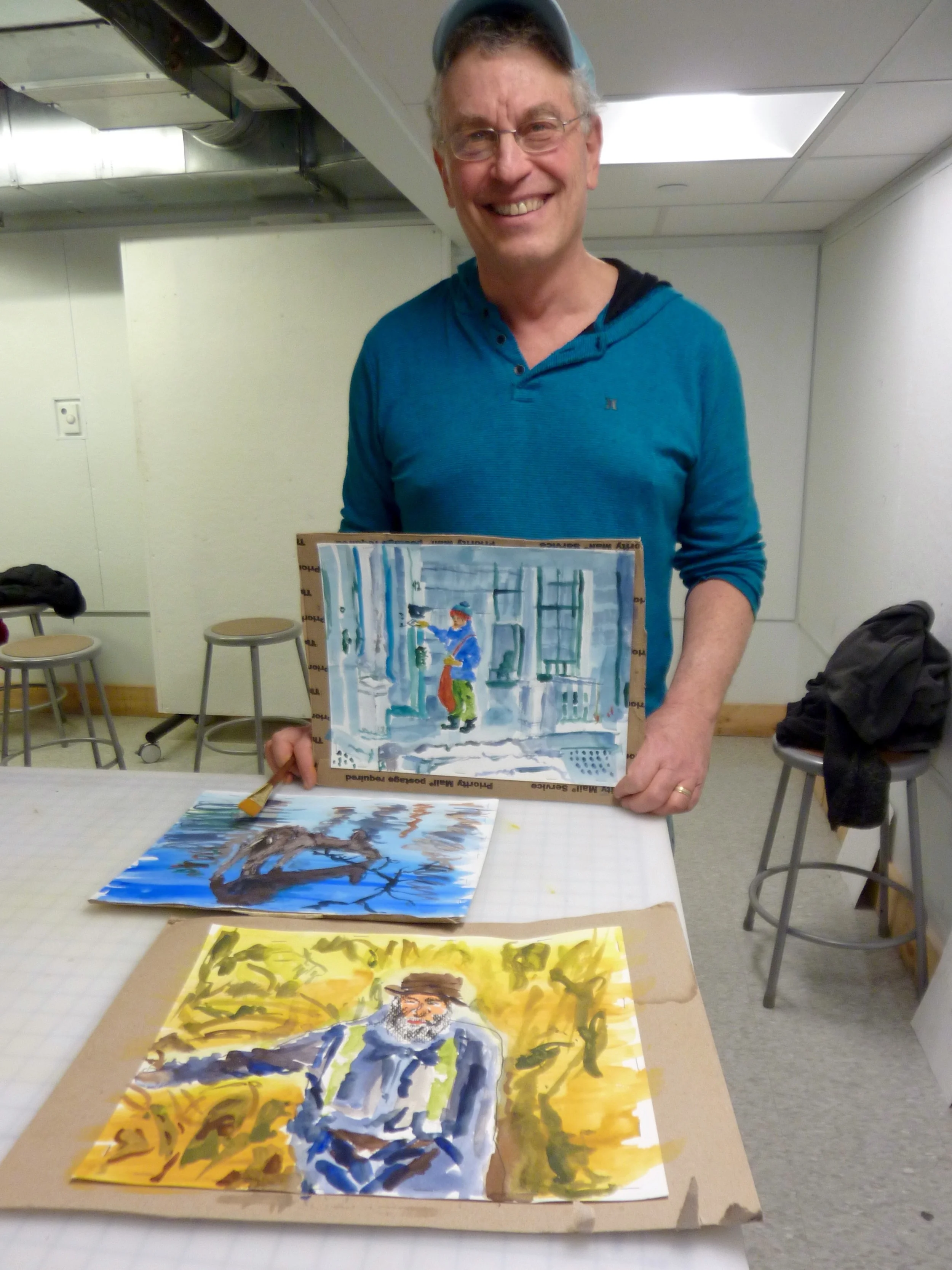 Rob pumped out THREE paintings, using layering, wet on wet, and more.