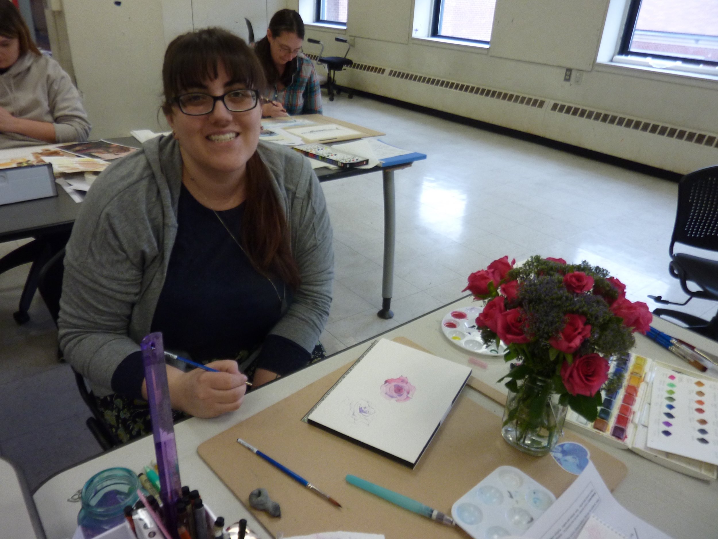 Jenny brought a bouquet of roses and took on the challenge of working from life. She wanted to try to paint realistically, breaking away from her usual cartoon style.