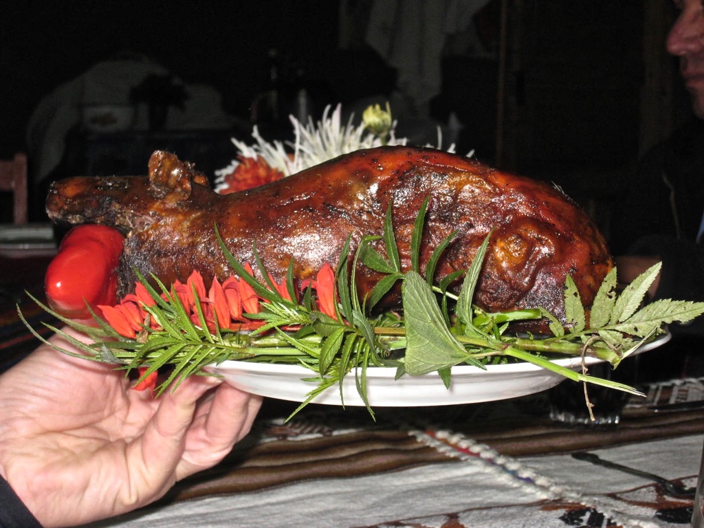   Roasted guinea pig with wacatay herbs--delicious but boney. &nbsp;  