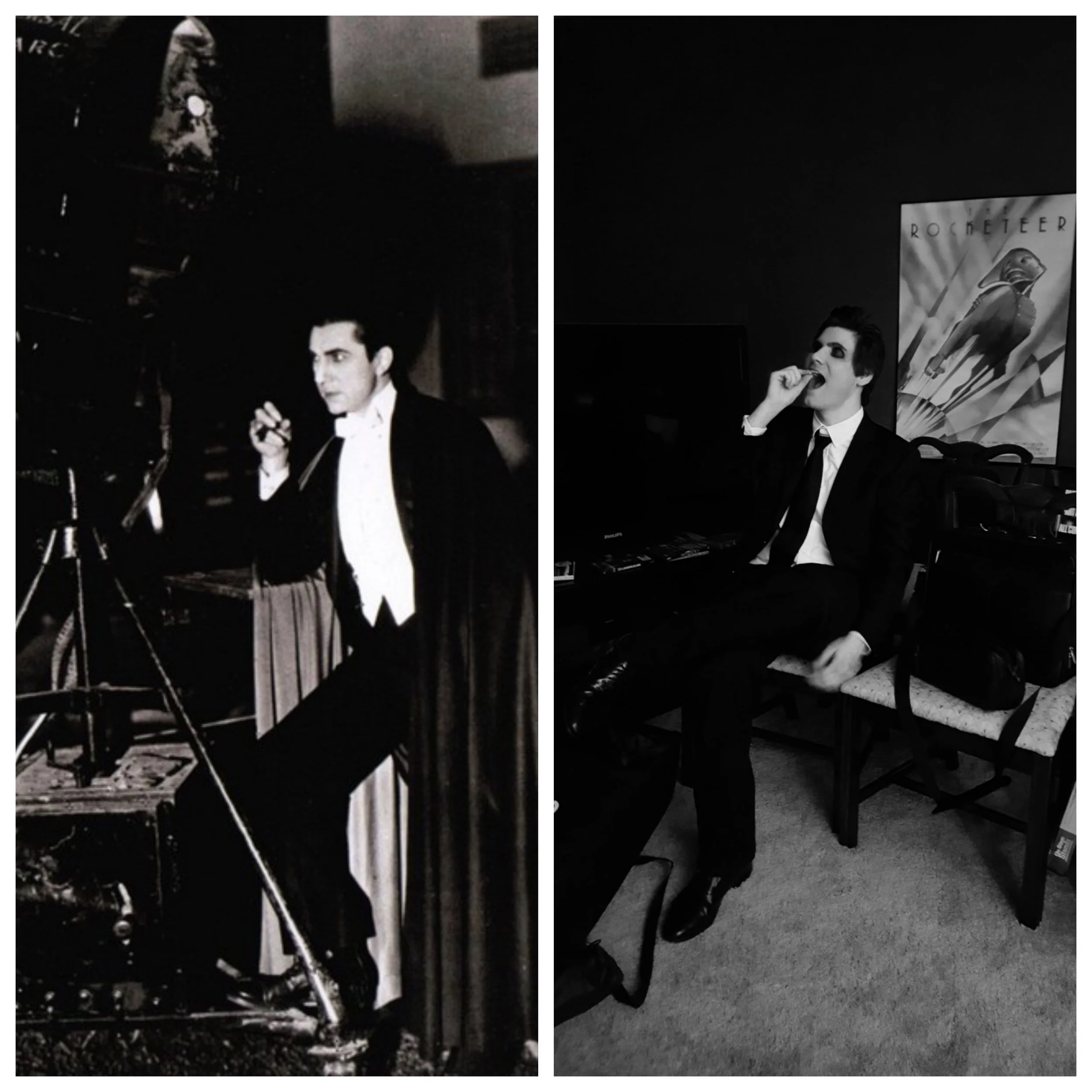 Kaz Kirkpatrick is both the star of the video and a sharp-eared, world-class sound man. Here he is pictured, alongside a publicity still of Bela Lugosi from the 1930s. Eagle-eyed readers will realize that Mr. Kirkpatrick is the one on the left... er... right. Kaz is on the right. Right?