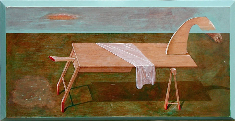 "Carpenter's Tuesday" acrylic on wooden board, 16"x 11"