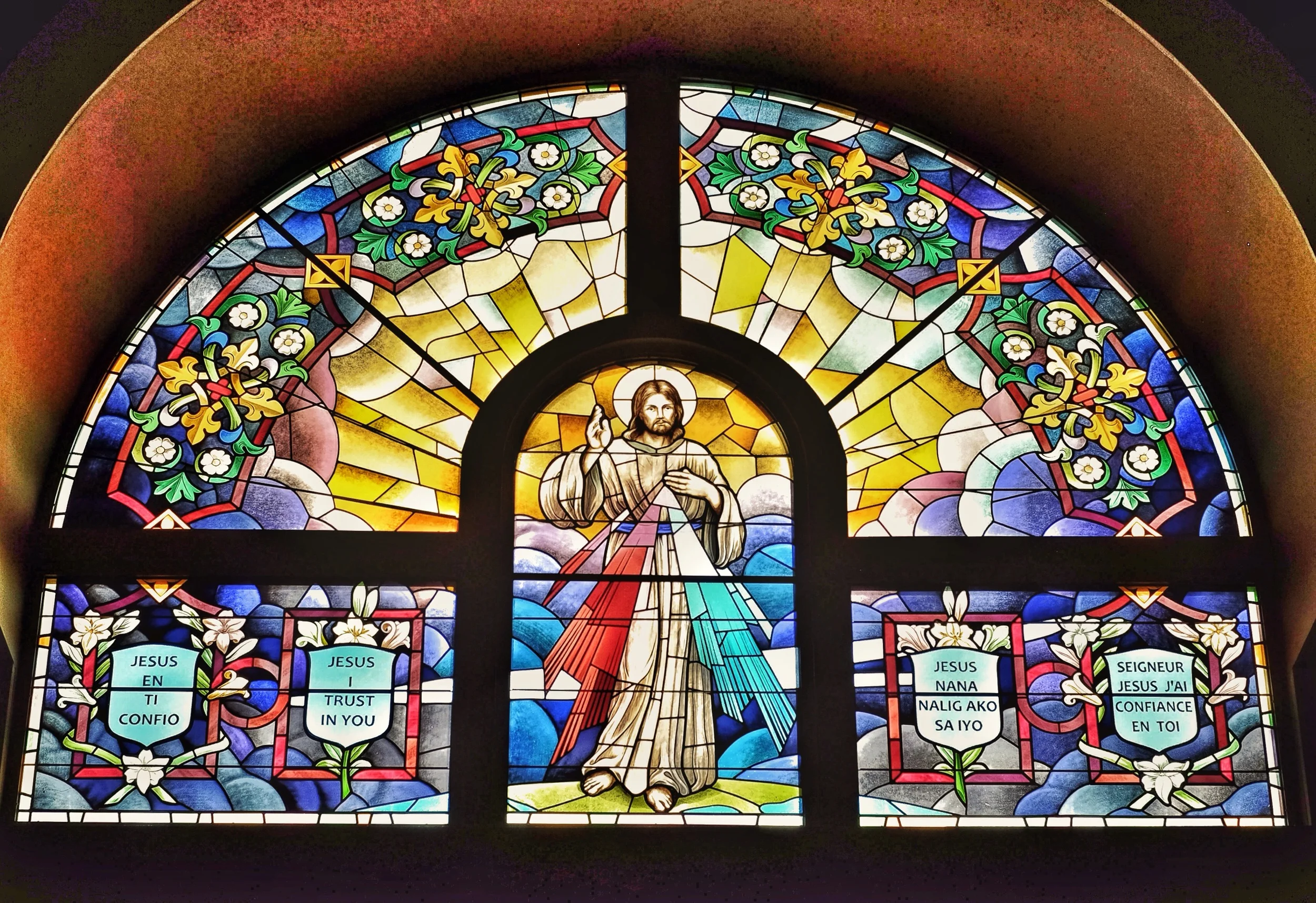Stained glass window above the altar of St Pope St John XIII in Miramar, Florida