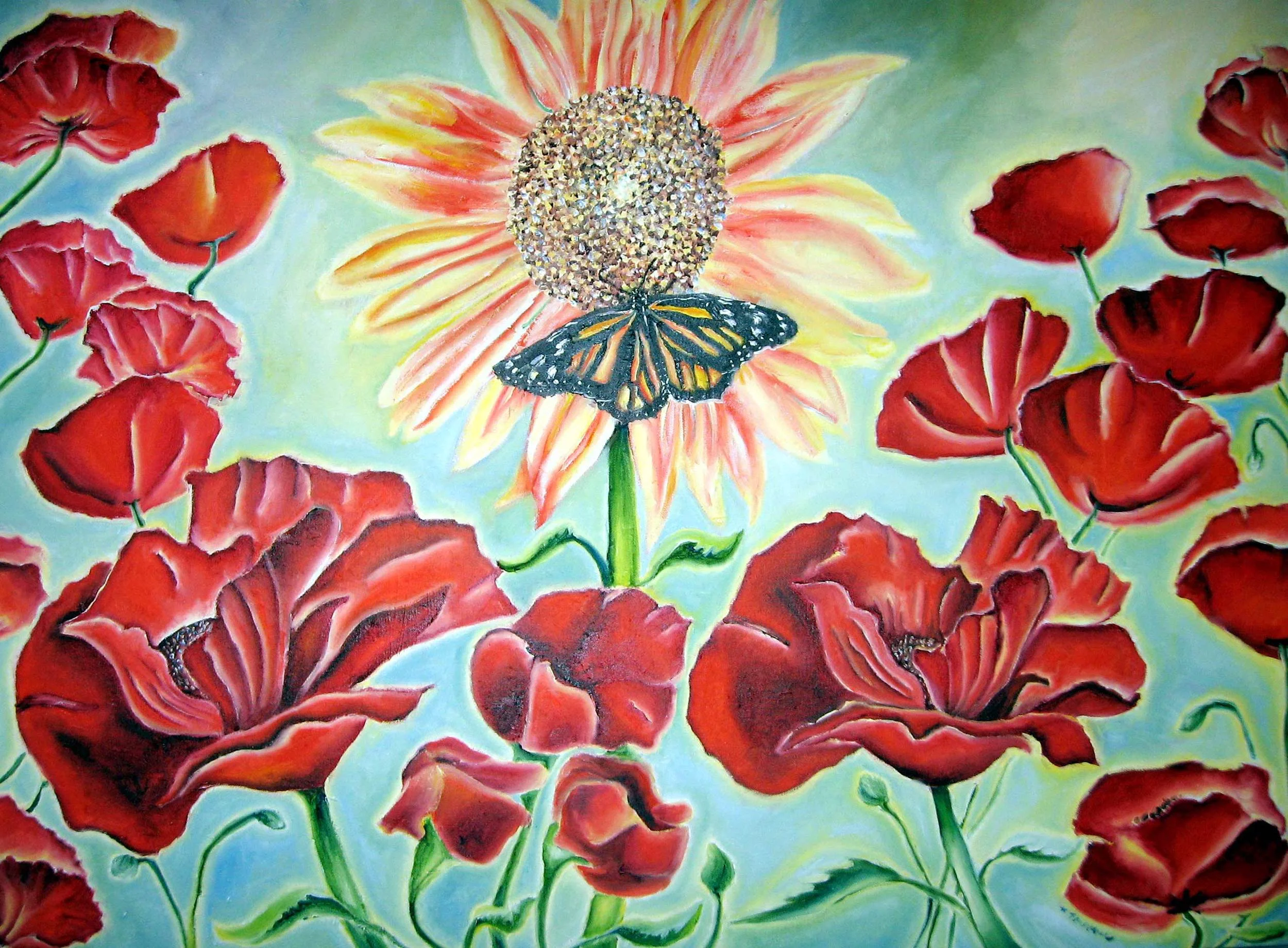 Sunflower with Poppies