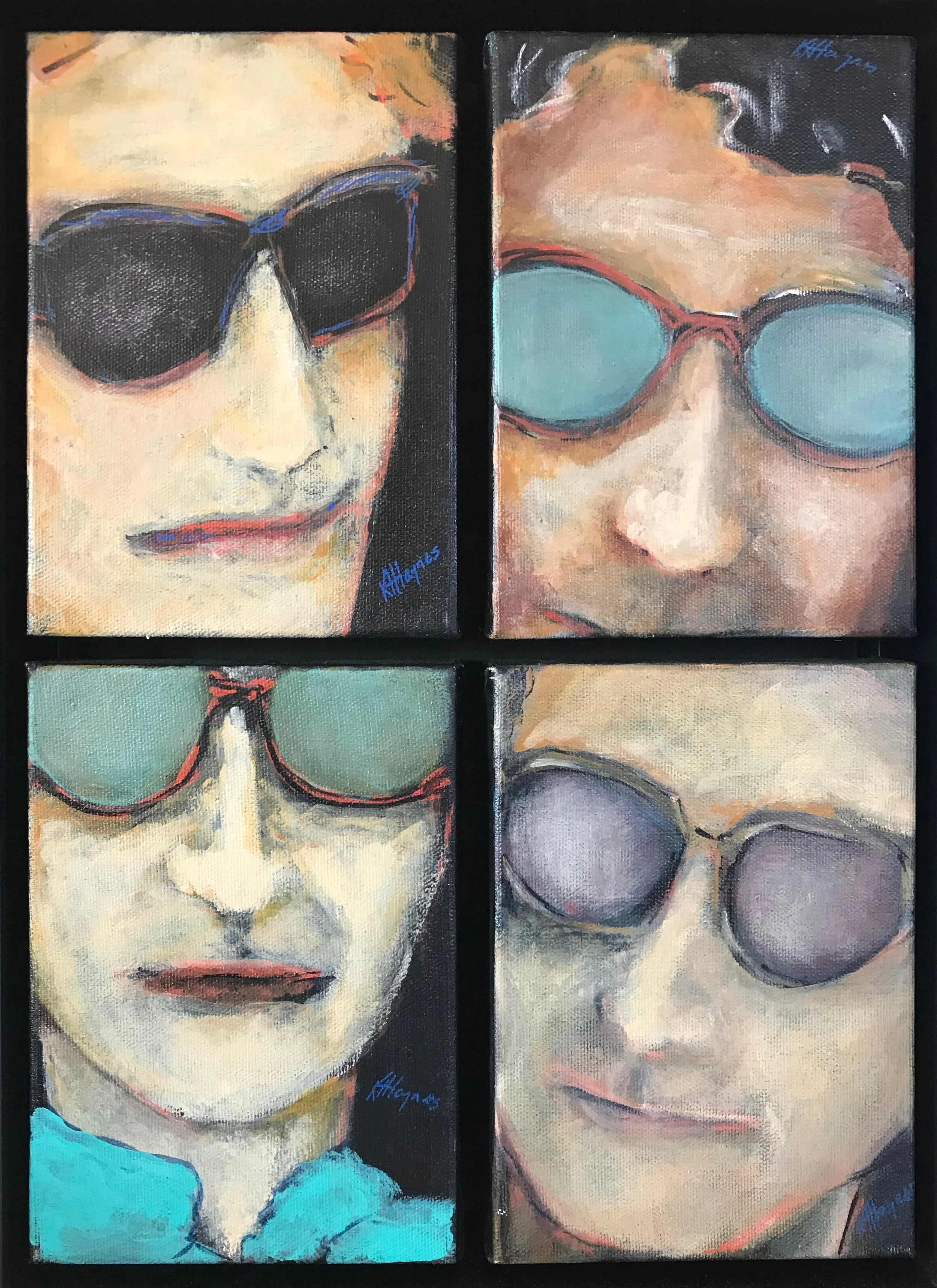 Sunglass Men 2: Quadriptych - framed - 11.5 x 15.5" - acrylic on canvas