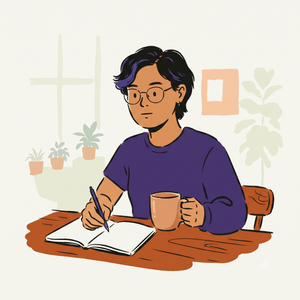 Illustration of Jordan journaling at a desk