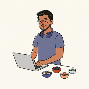 Illustration of Alex at a laptop with snack bowls