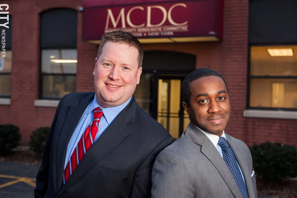 PHOTO BY JOHN SCHLIA Chairman Mike Kennerknecht (left) and Town Leader Simeon Banister (right) have led the effort to rebuild the Henrietta Democratic Committee.