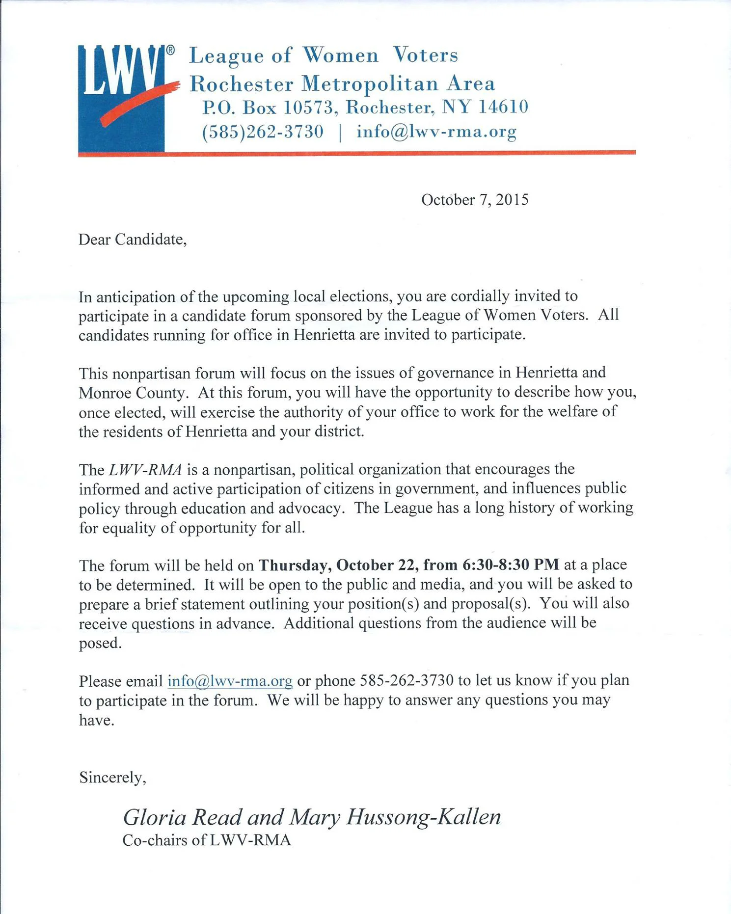 A copy of the invitation all candidates received from the League of Women Voters.