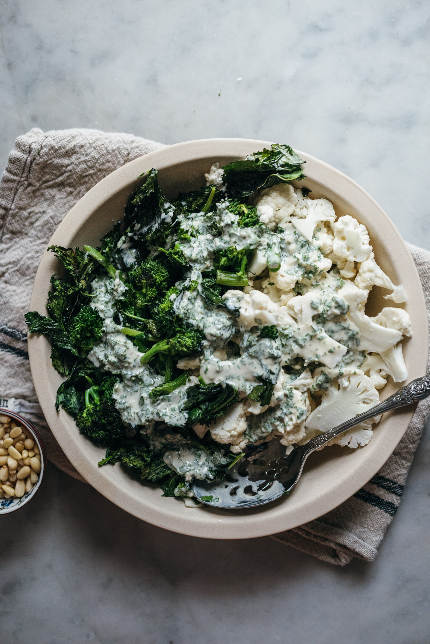 Broccoli Rabe and Crunchy Cauliflower with a Lemon Tahini Dressing