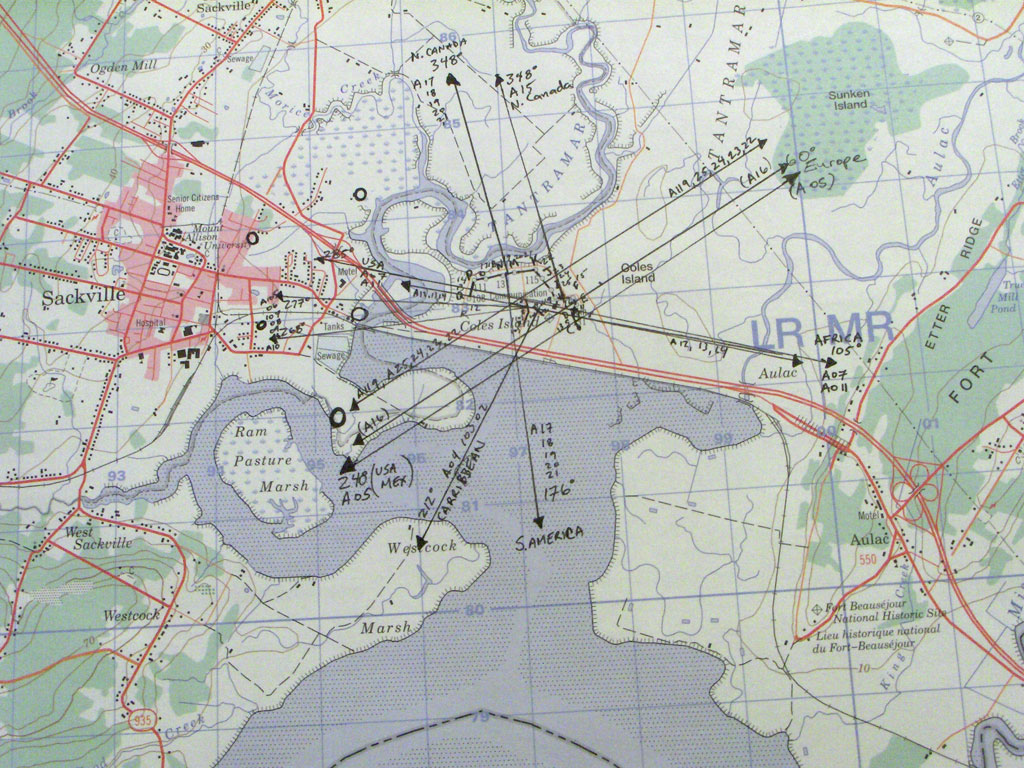 map of the site with azimuths plotted for international broadcasts