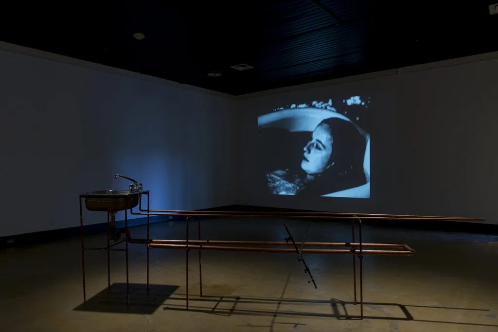 installation view - Land Lost exhibition (Turning in the background) Galerie d'art Louise et Reuben Cohen, Moncton, 2014 documentation by Mathieu Léger