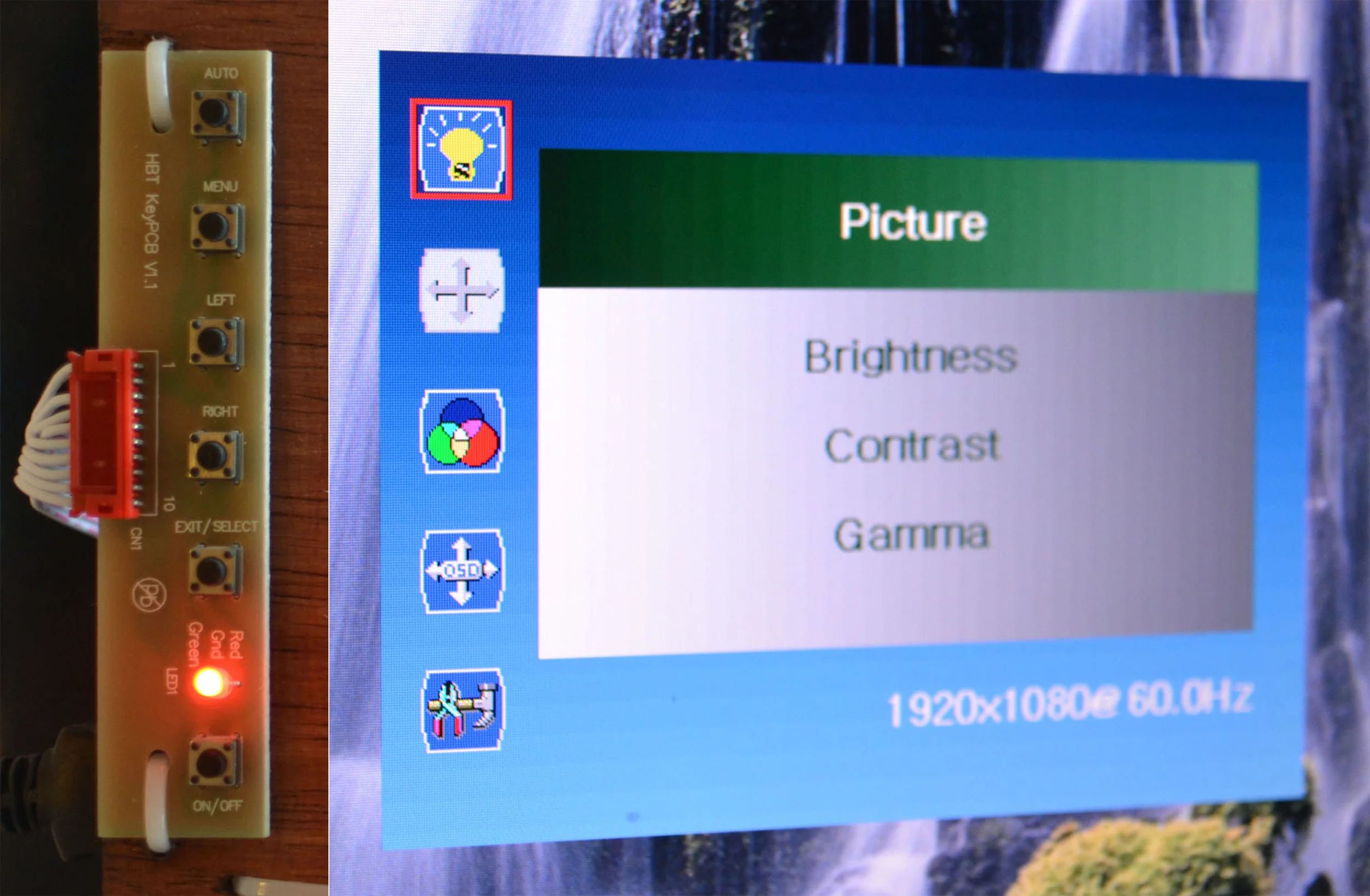 identical row of control buttons (left), on-screen settings (right).