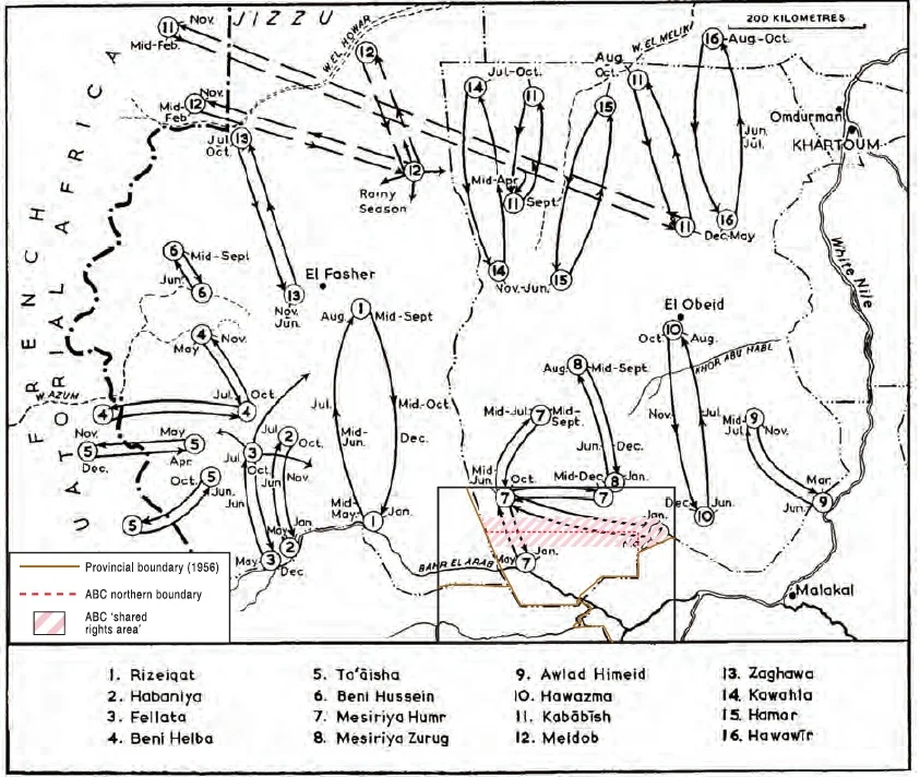 From Barbour’s The Republic of South Sudan: A Regional Geography (1961, p 150). It indicates the way transhumant movements are not simply lost wanderings, but something more like the path of a boomerang, dictated by the changing seasons.