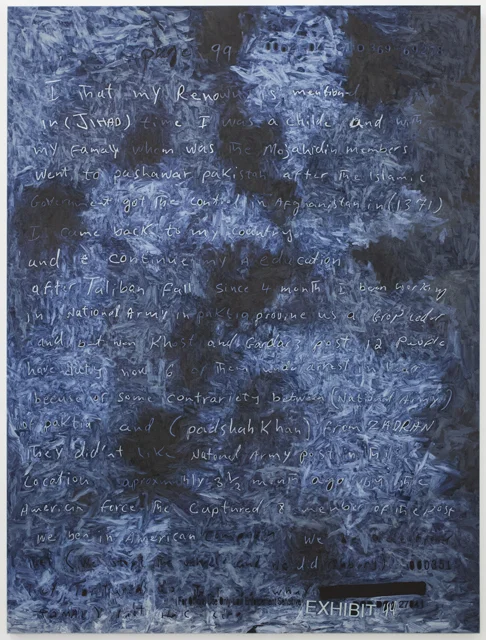 Fig. 1. in (JIHAD) time, 2014, oil on linen, 57 x 44 in. / 147.3 x 111.8 cm. Text: U.S. government document. © 2015 Jenny Holzer, member Artists Rights Society (ARS), New York. Used with permission.