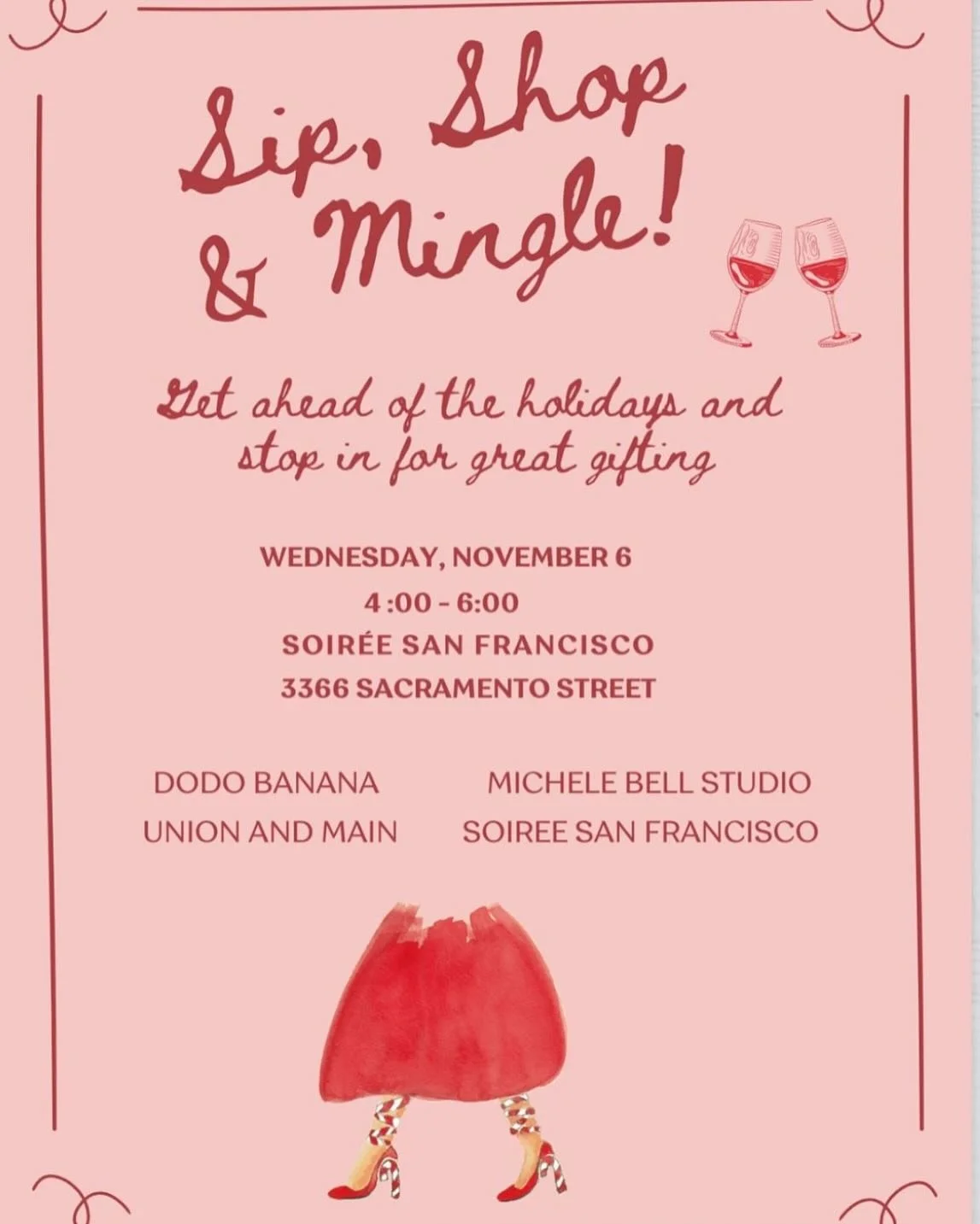 Sip, Shop or Mingle with us, @dodobanana_ , @michelebellstudio and @unionandmainsf on Wednesday, Nov 6 from 4-6pm. Pop in for a sip or it&rsquo;s great time to knock out some holiday to-dos from teachers gifts, holiday gifts tags and stickers, person