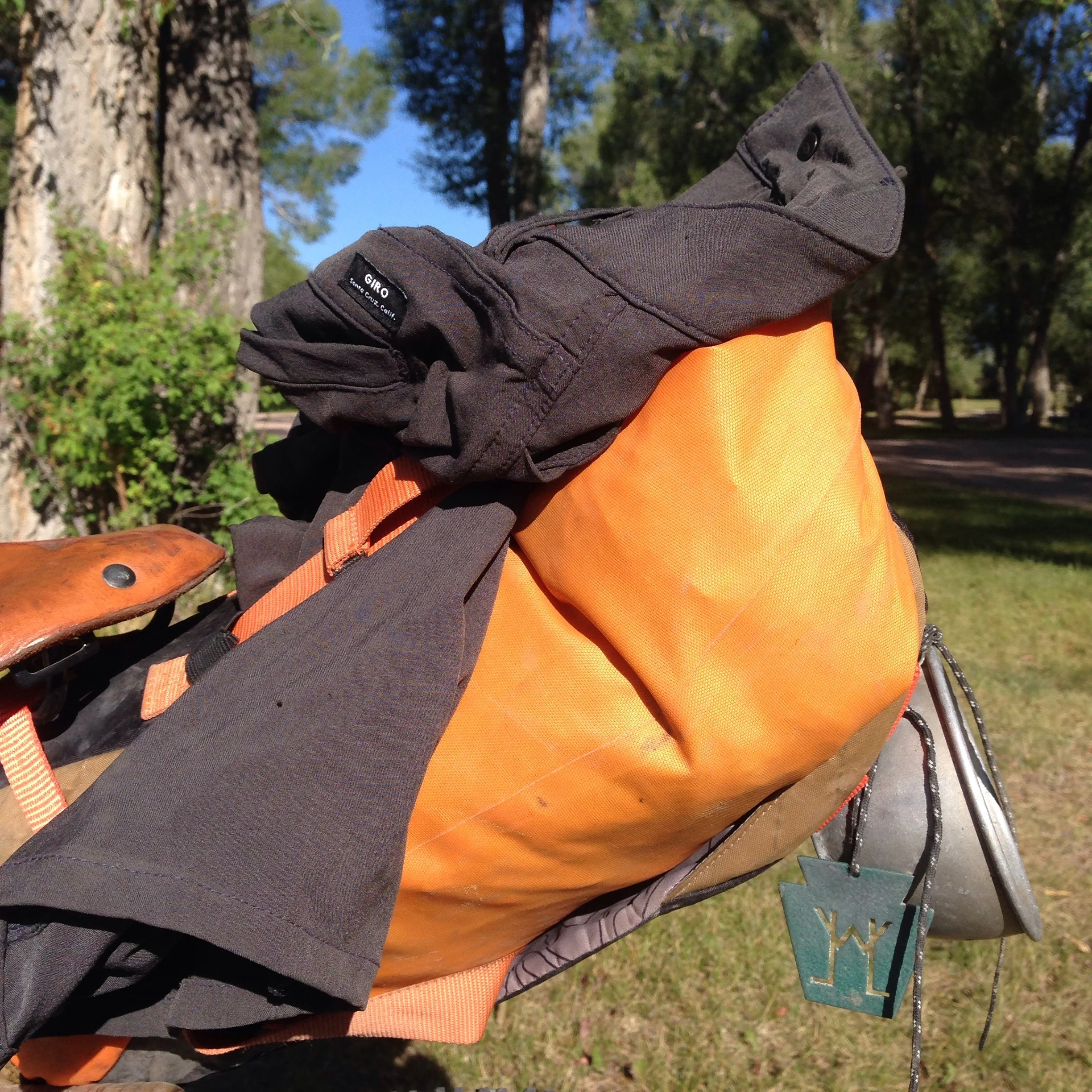 Shorts drying on the back rack after washing.