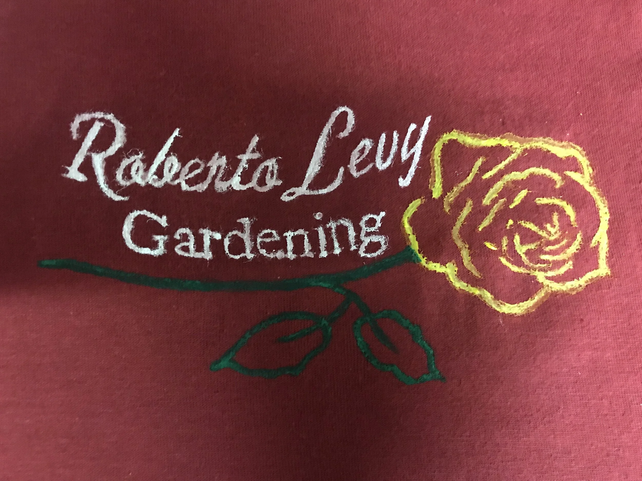 Roberto’s Gardening Logo(painted)- Guadelupe in the Guestroom -Creede Repertory Theatre 2018 Costume Design by Celia Kasberg.