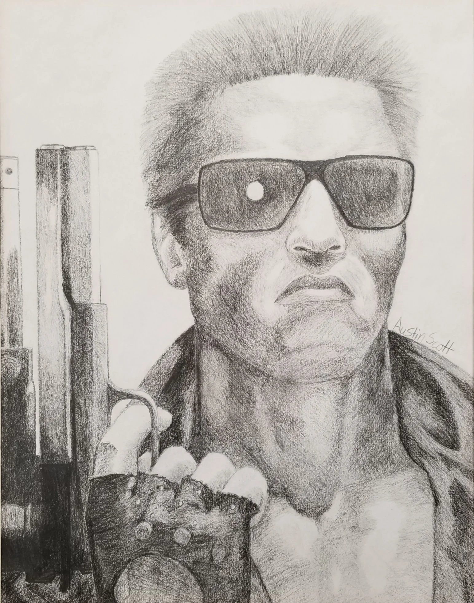 A fan of Terminator films, Austin truly captured the intensity of a photo with great accuracy and style, stroke by stroke in graphite. His attention to every little detail makes this such a success. Austin takes private lessons and looks forward to writing and illustrating his stories.