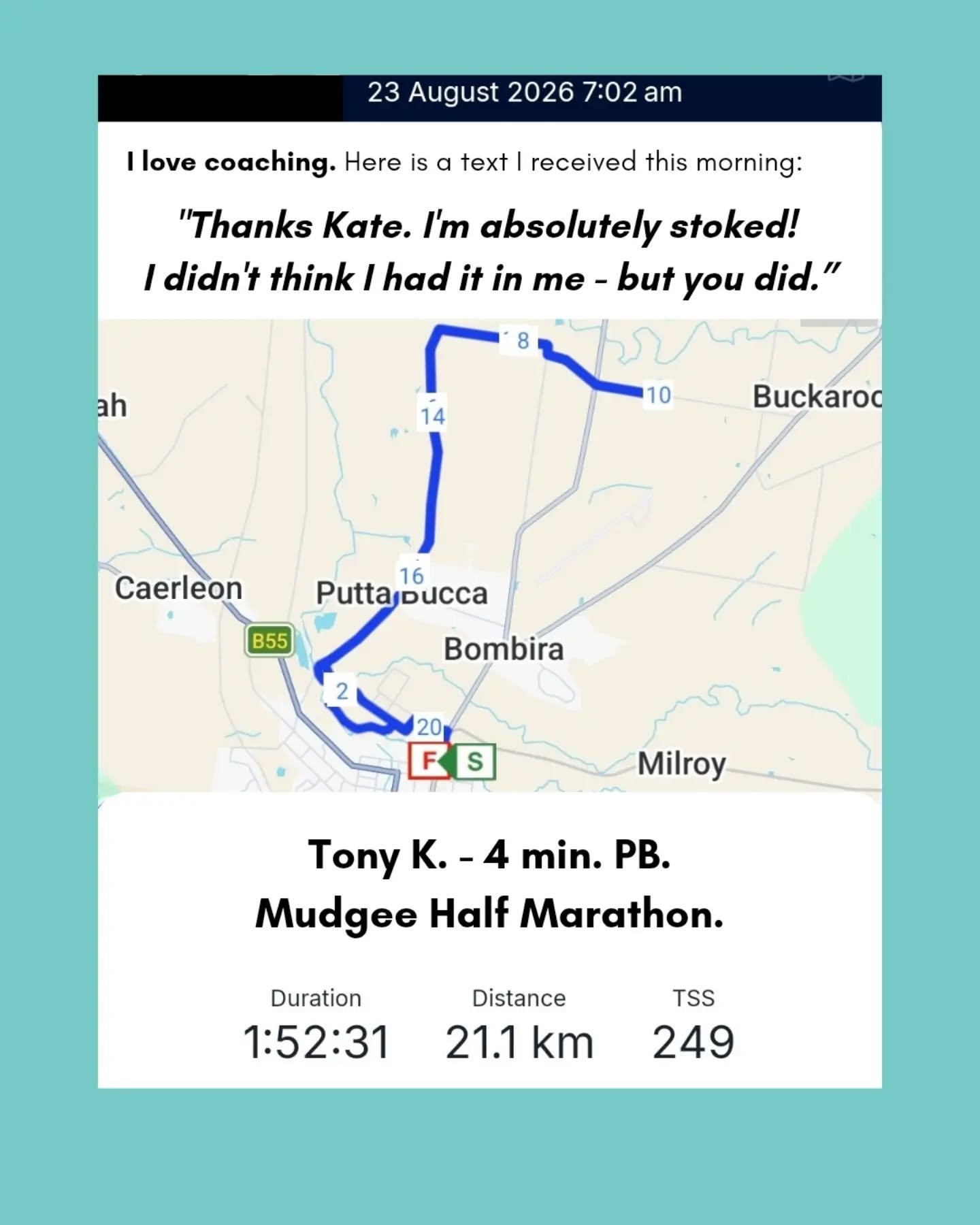 Last year we worked on Tony breaking 2hrs. We did that with a 1.56 and he was over the moon. This year was about confidence.

After a strong, consistent training block, Tony and I talked through where he was at, and the potential his training was dis