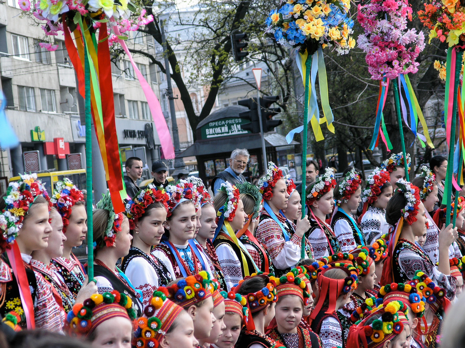  Children in traditional Ukrainian dress photographed at an Easter parade in the west Ukrainian city of Lviv. 