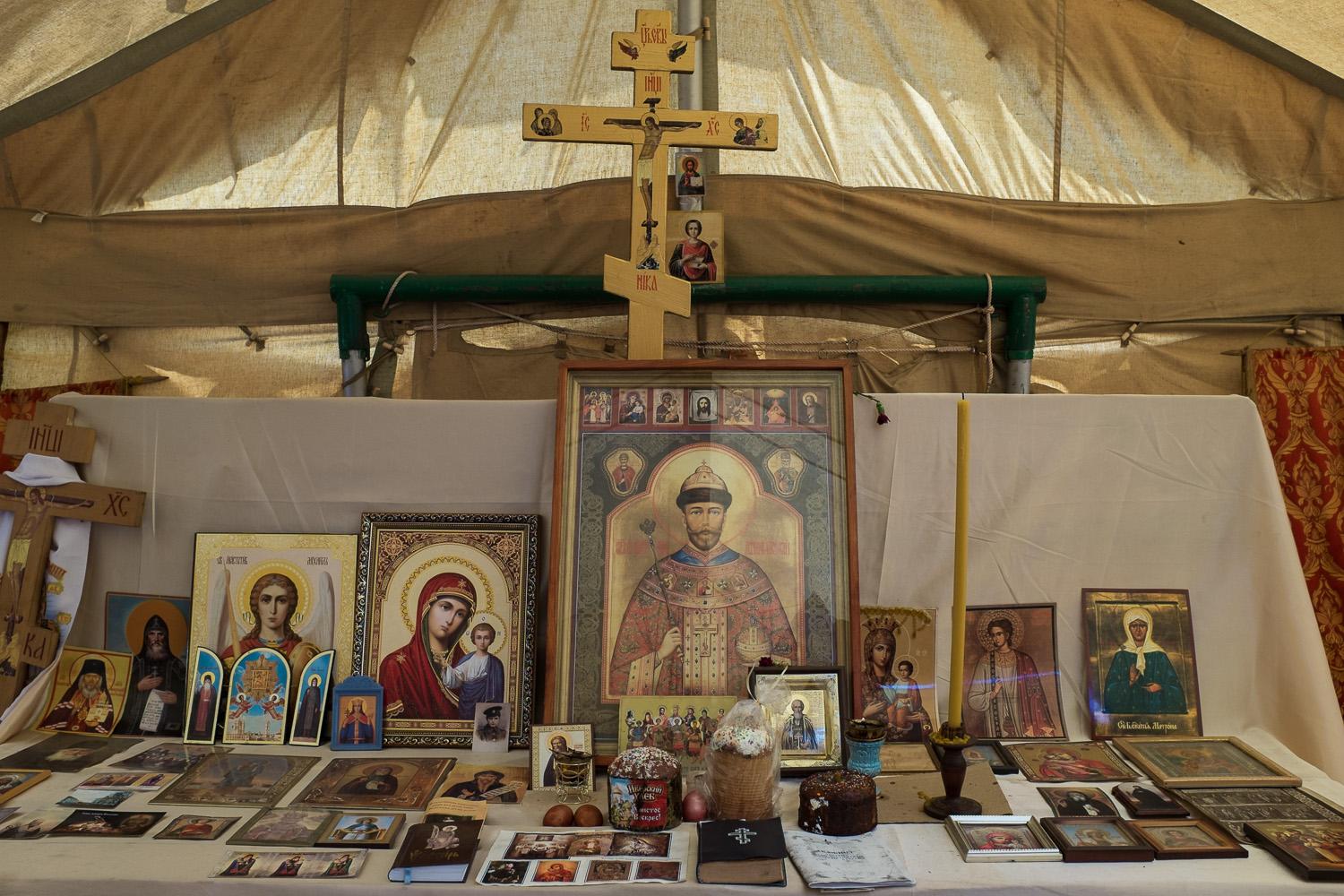  Tsar Nicholas II pictured on an icon in a tent in the main pro-Russian protest camp in Odessa during the 'Euromaidan' uprisings. The camp was destroyed in clashes in May 2014, which left over 40 dead in a fire in the nearby Trade Union House. 