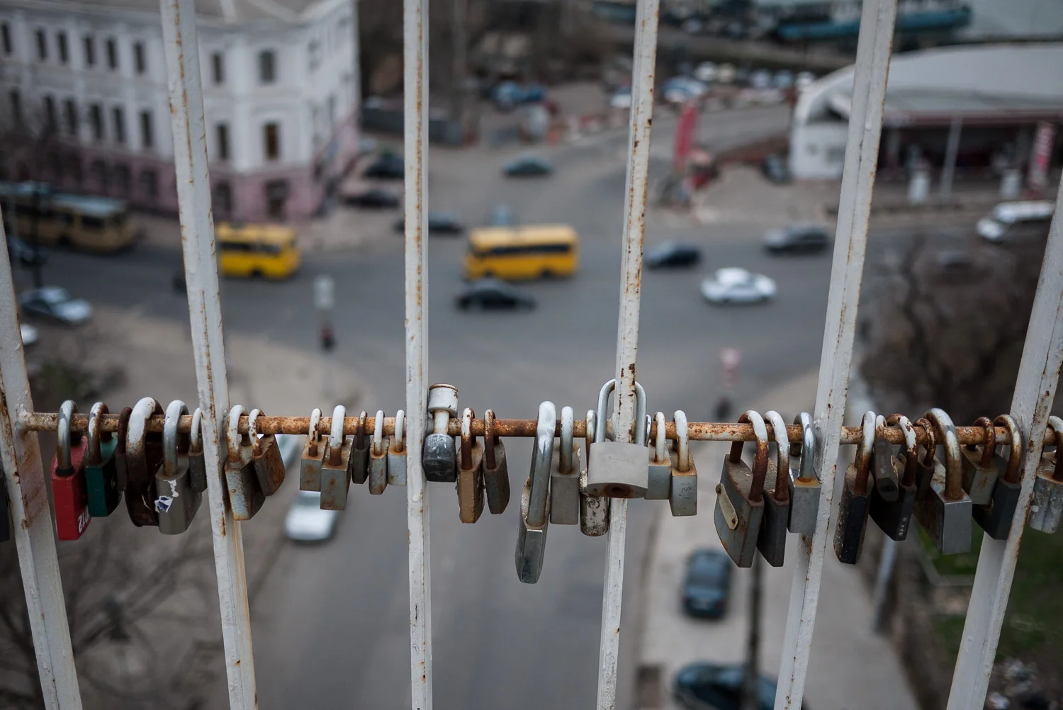 Padlocks left by lovers on a bridge in Odessa.