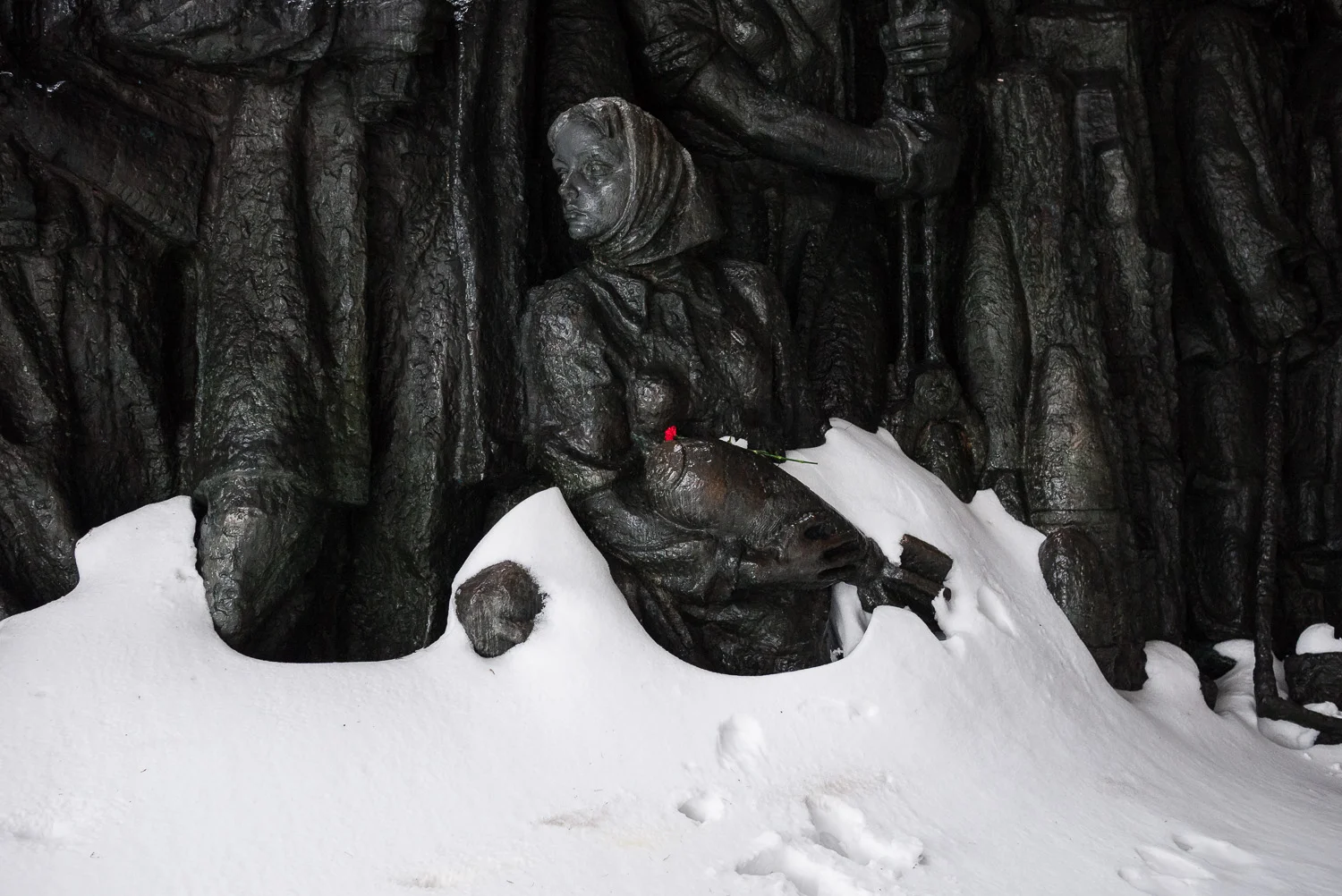 A flower is left on a Soviet-era monument to those who defended Kiev during the Second World War in the city’s Museum of the Great Patriotic War.