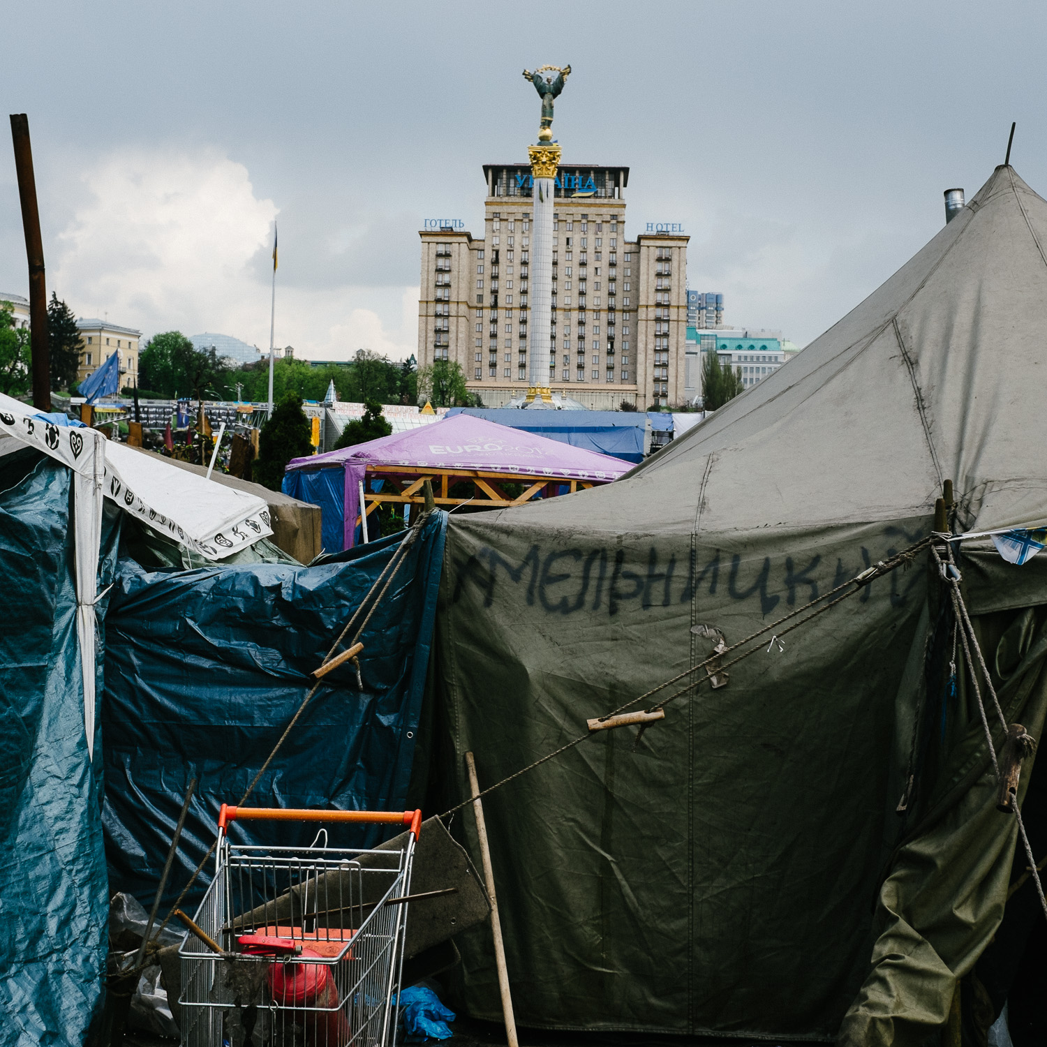  A tent marked with the word ‘Khmelnytskyi’, after a town in west-central Ukraine, pitched on Independence Square, Kyiv, in April 2014. Those joining the 'Euromaidan' uprising often organised themselves into groups based around their home towns and c