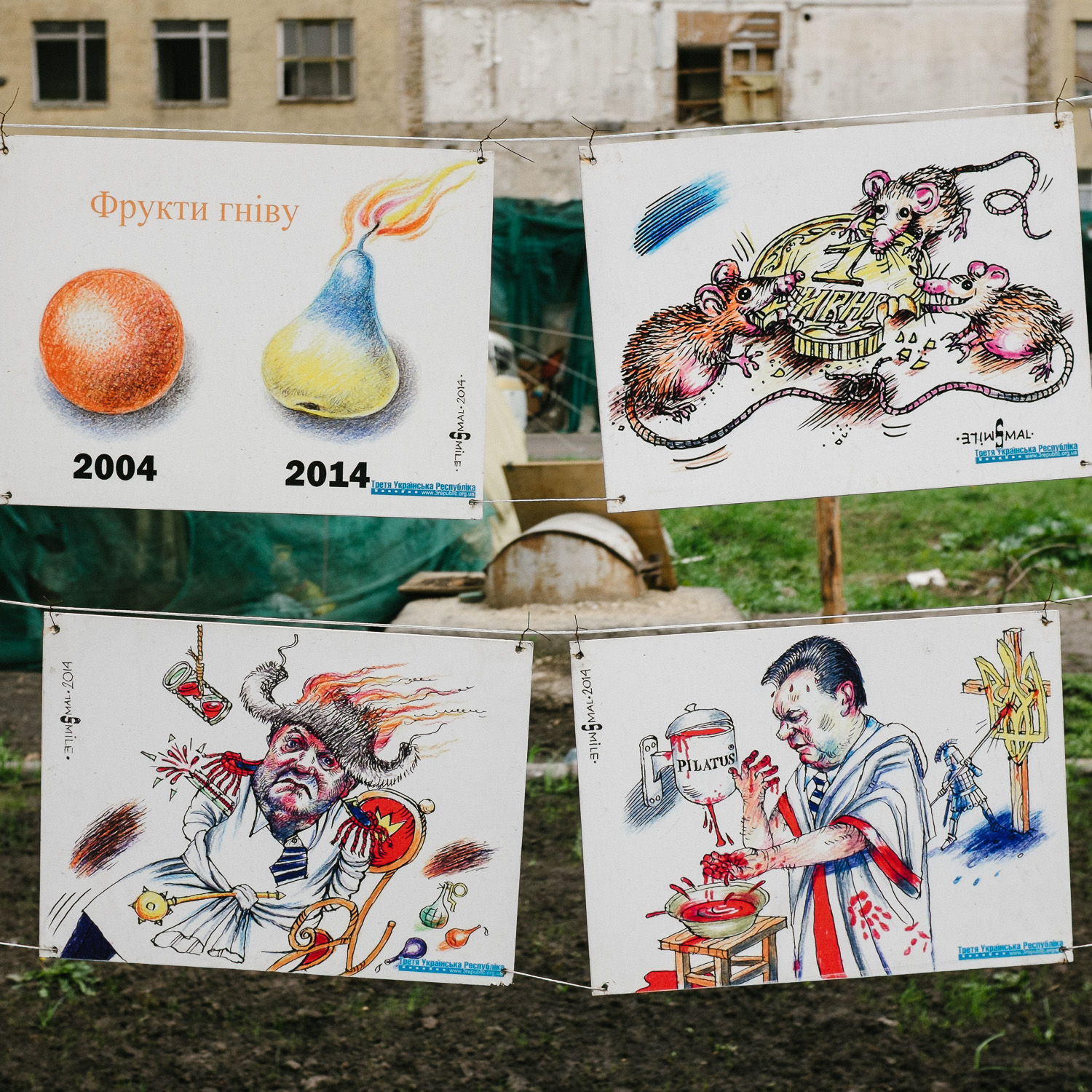  Political cartoons depicting former Ukrainian president Viktor Yanukovych, photographed on Khreshchatyk street, off Independence Square, Kyiv. 