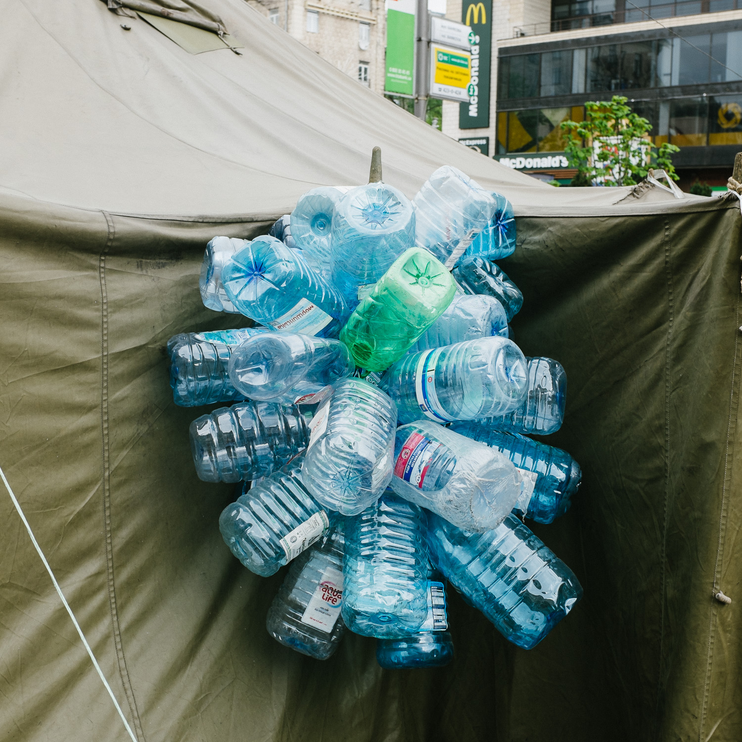  Empty water bottles outside a tent pitched on Khreshchatyk street, off Kyiv's Independence Square, April 2014. 