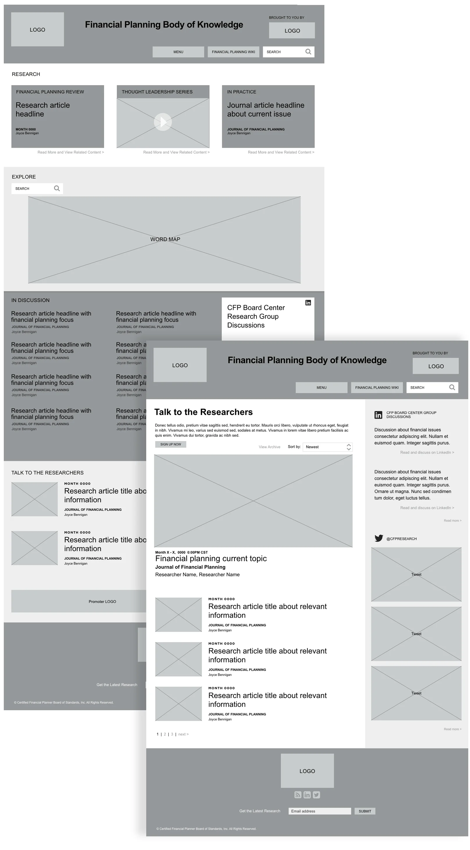 CFP Board homepage and content wireframes