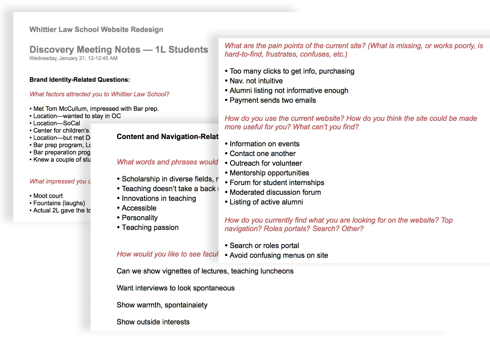 Sample from questions posed to prospective and current students, alumni, administration and faculty