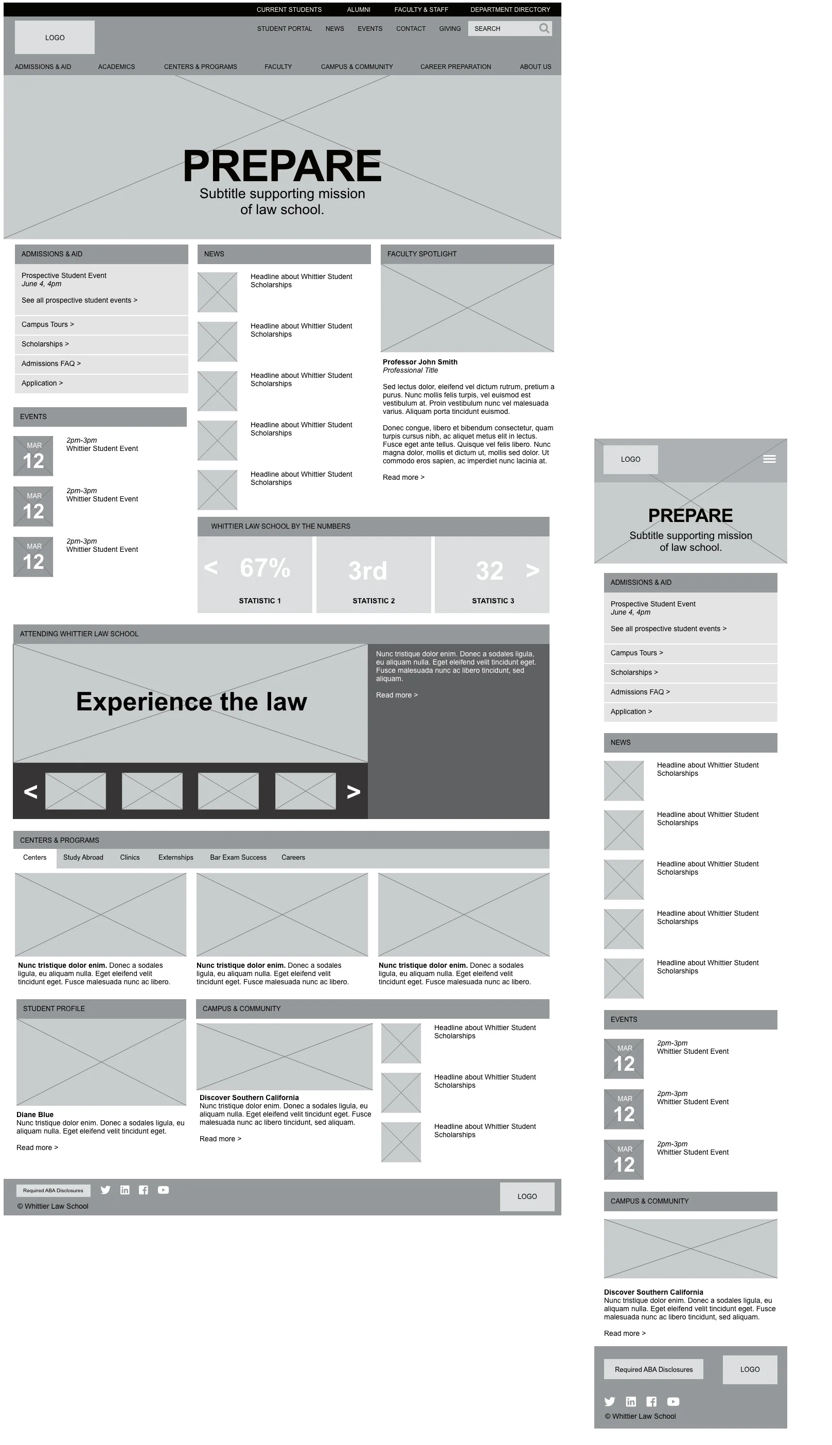 Homepage wireframe for desktop and mobile