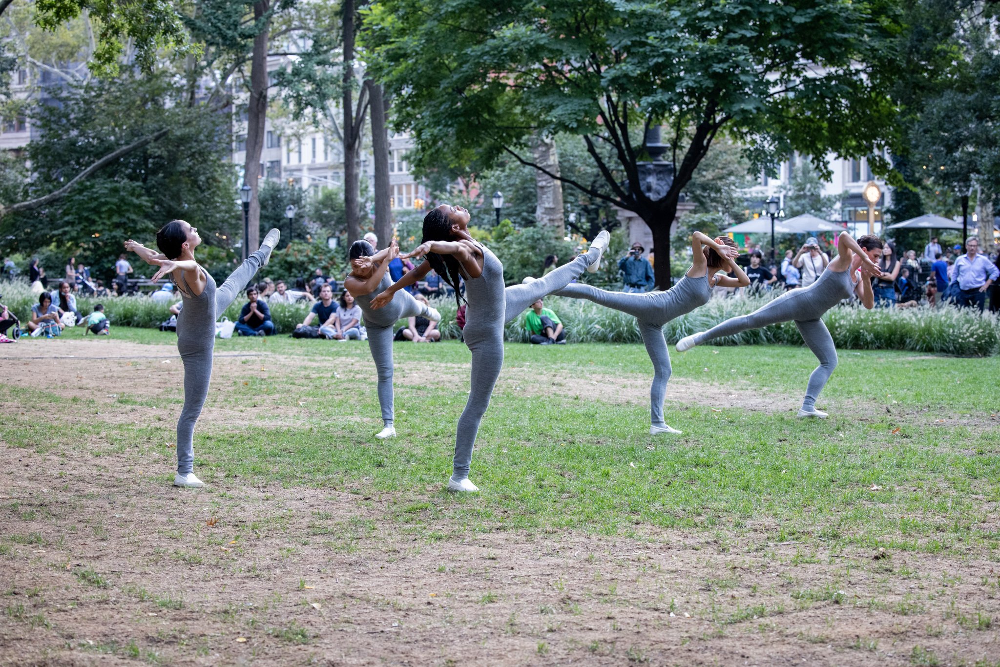  Full Ensemble in Beau Bree Rhee, Shadow of the Sea, 2022. Performance view, Madison Square Park, September 21, 2022. Presented by The Kitchen in partnership with Madison Square Park Conservancy. Artwork pictured: Cristina Iglesias (Spanish, b. 1956)