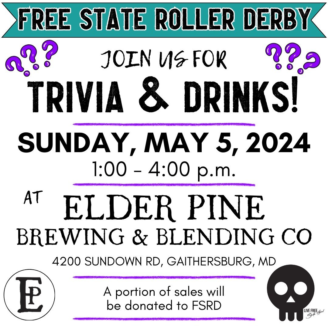 We have two events coming up in May! 🗓️ 

Join us on May 5 at @elderpinebeer for trivia❓
And on May 11 for our rummage (and bake) sale 🧁 

Proceeds from both will benefit FSRD - we all know derby is expensive! 💸