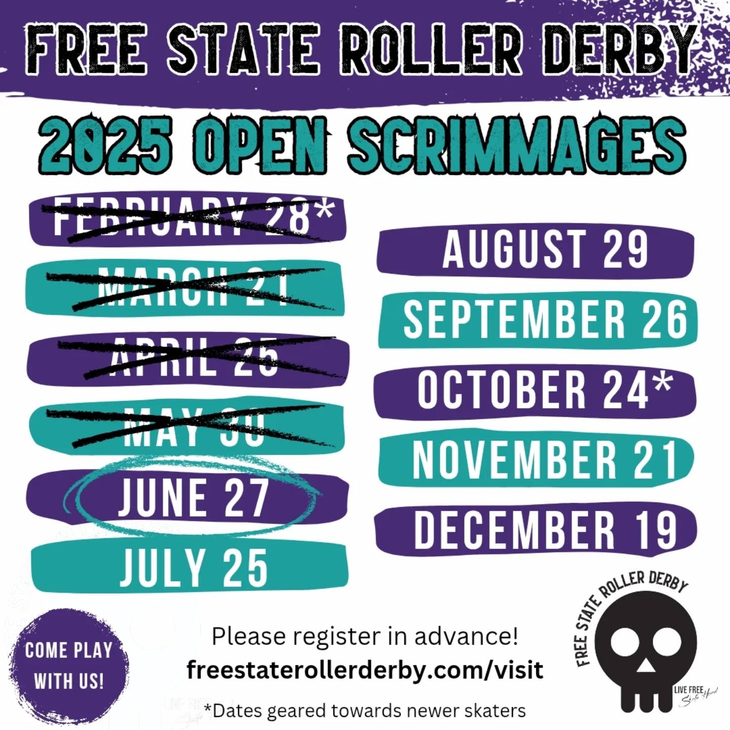 It's time for another Free State Friday! 💀

Join us this Friday, June 27 for our monthly open scrimmage, 8-10pm at Rockville Sports Arena

Advance registration is required and will be capped at 20 visiting skaters first come, first served!
More info
