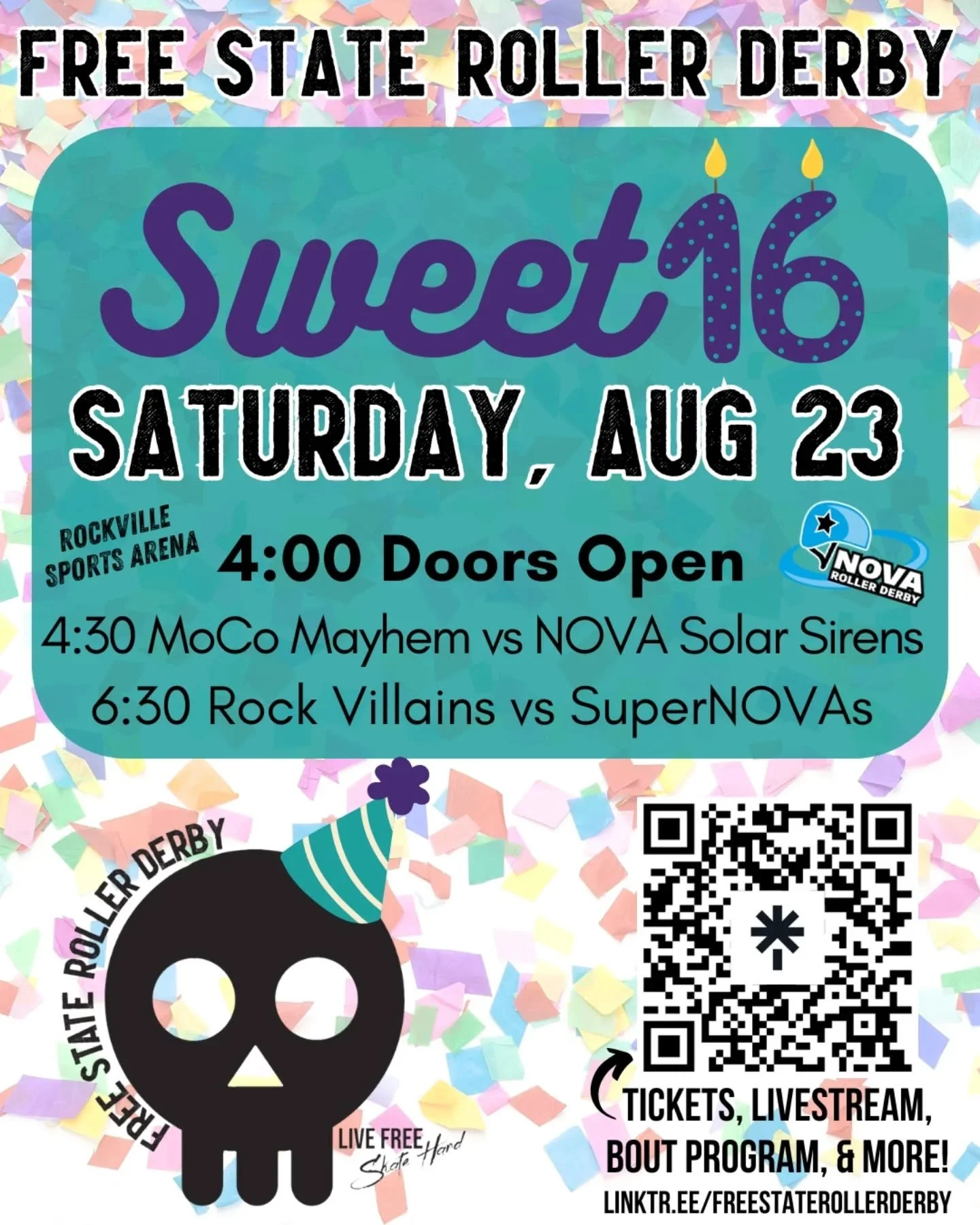 It's party time!
Free State welcomes @novarollerderby to celebrate our Sweet 16th Birthday🎂🎉

Presale tickets on sale now at link in bio - save money and time at the door!

4:00 Doors open
4:30 MoCo Mayhem vs NOVA Solar Sirens
6:30 Rock Villains vs