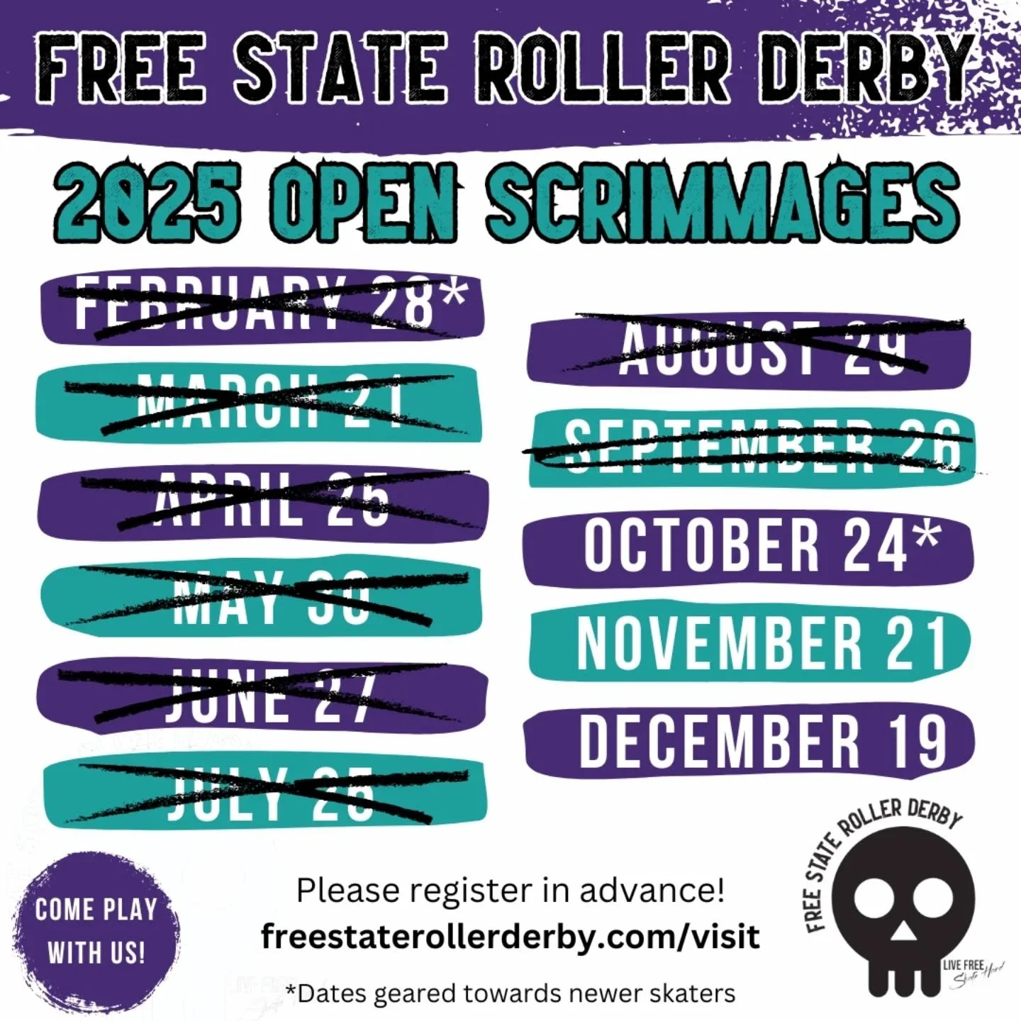 Our September open scrimmage is cancelled - but join us next month for our last home bout of 2025 on Oct 18, and our open scrimmage on Oct 24!