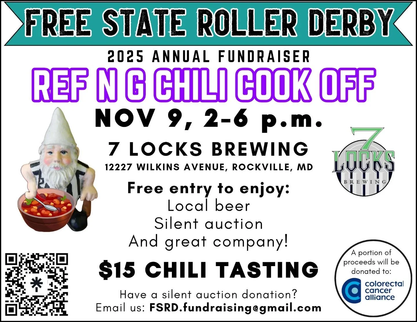 If you can handle the heat, get in the kitchen!

Join Free State Roller Derby on Nov 9 for our annual chili cook off! A portion of the proceeds will be donated to the Colorectal Cancer Alliance to support research in honor of the man, the ref, the ch