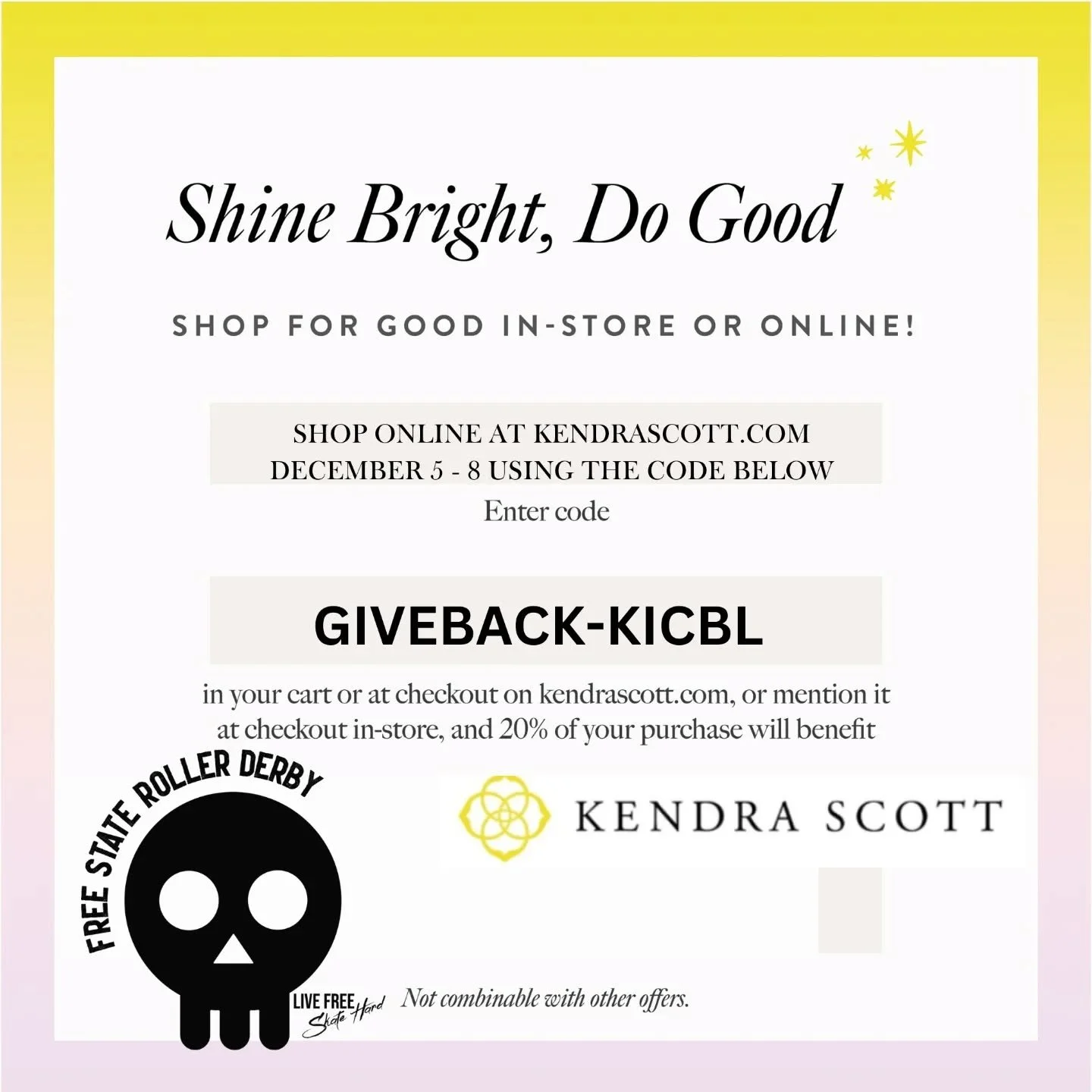 Looking for holiday gifts? Plan to shop @kendrascott jewelry during the Kendra Gives Back event Dec 5-8, when 20% of your purchase will benefit Free State!
