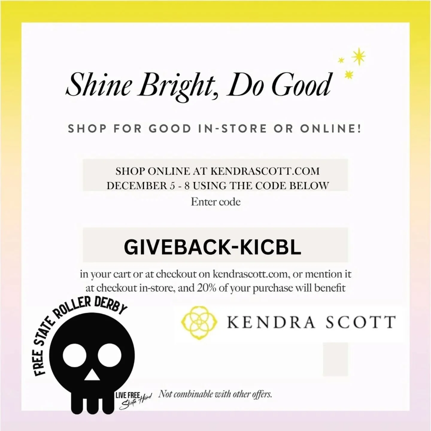 THIS WEEKEND - Knock out some holiday shopping with @kendrascott jewelry - enter code GIVEBACK-KICBL and 20% of your purchase will benefit Free State!

www.kendrascott.com