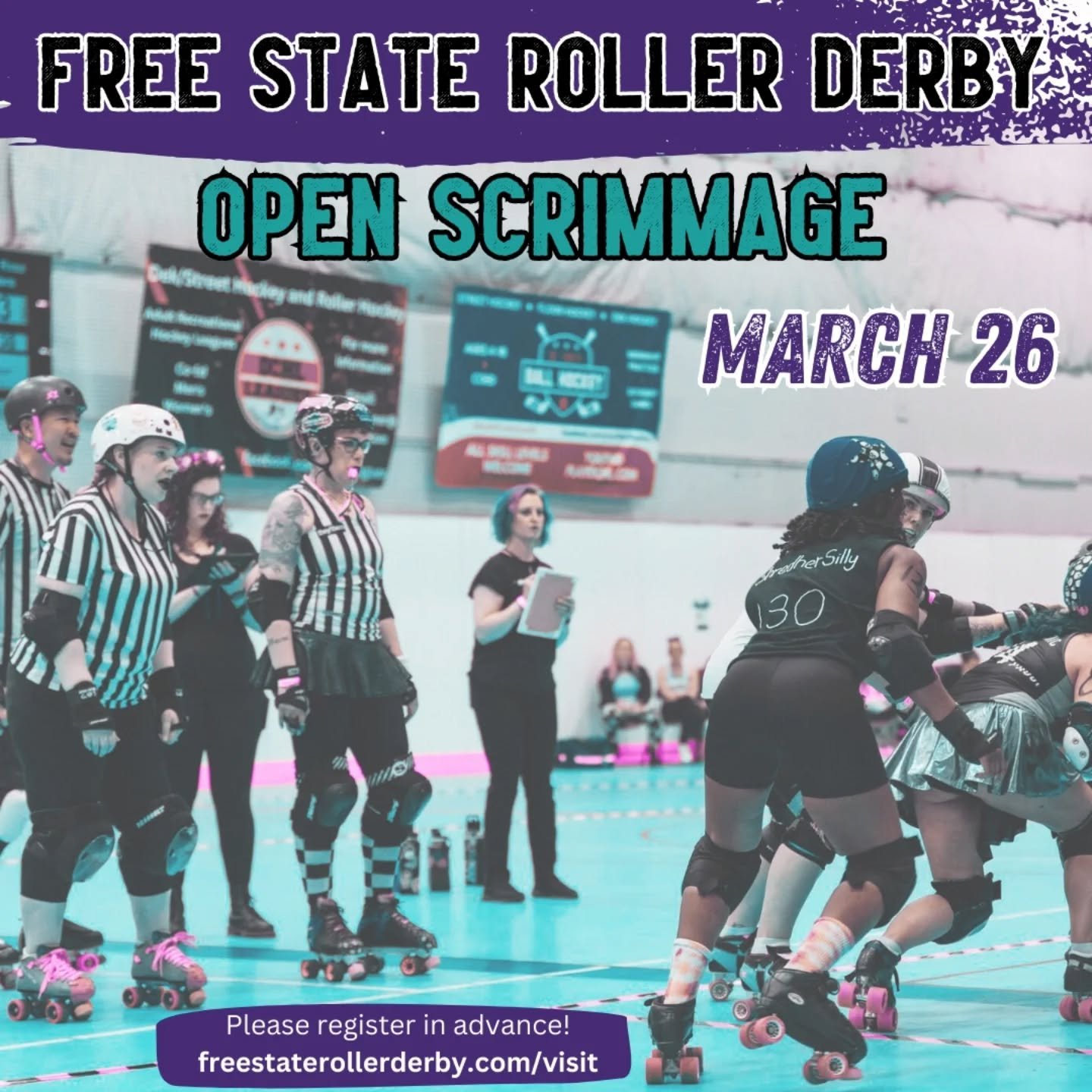 Can't make our usual Friday night open scrimmage?
This month only - join us on THURSDAY March 26!

Advance registration is required: https://www.freestaterollerderby.com/visit